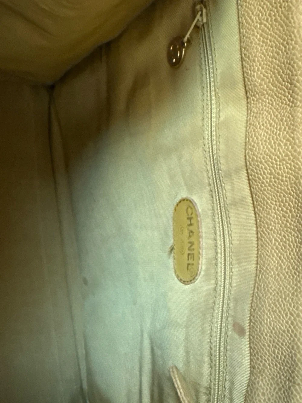 CHANEL CC Caviar Leather Zip Tote Shoulder Gold Beige Large